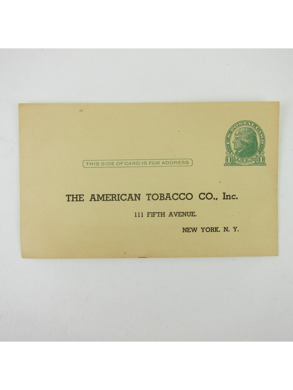 Postcard The American Tobacco Co New York 1 Cent Jefferson Stamp Vintage 1936